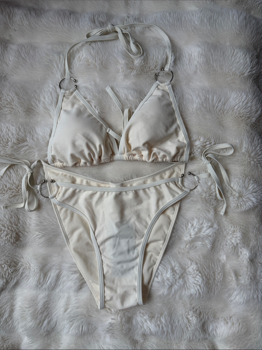 Ring-Detail Cream Tie-Side Triangle Bikini